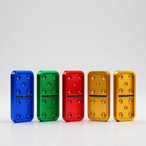 Vivid, glossy video thumbnails arranged like dominoes with one red piece disrupting the sequence on a bright background.