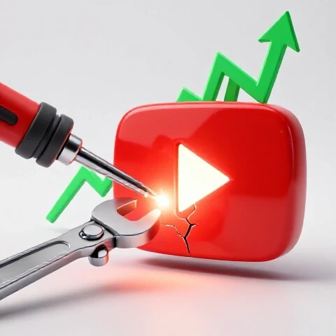 Cracked red play button repaired by glowing metallic tools, set before arrows and rising graph lines.