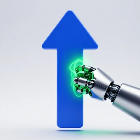 A bold blue arrow with a dramatic break being repaired by a robotic hand with glowing green energy, set against a bright background.