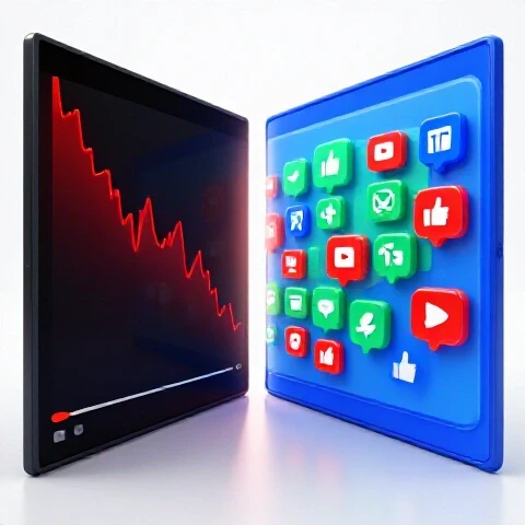 Split scene of YouTube screen: left side dim and empty with falling graphs, right side bright with rising engagement icons.