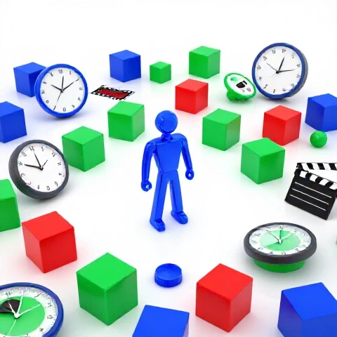 A central abstract figure confidently organizes scattered clocks and video icons amid stressed team elements on a bright background.
