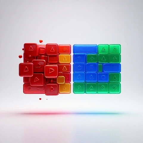 Split-screen showing a chaotic red and amber title area transforming into a clean blue and green title bar on a bright background.
