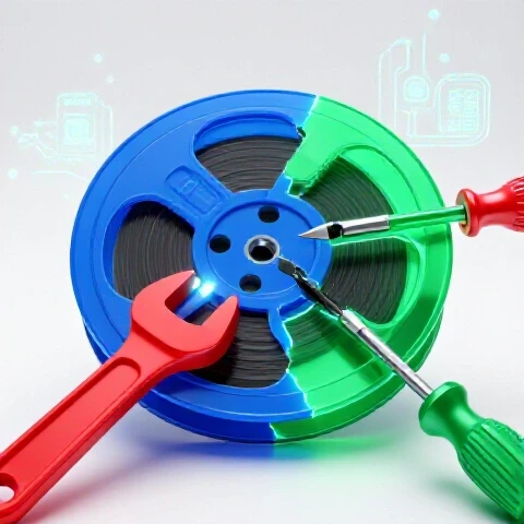 Glowing fragmented video reel being repaired by vivid oversized tools among digital circuit elements on a bright background.