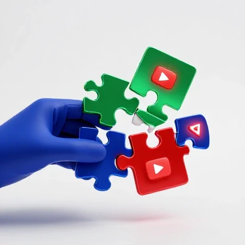 A gloved hand assembles shattered YouTube thumbnails with fading red warning icons on a bright studio background.
