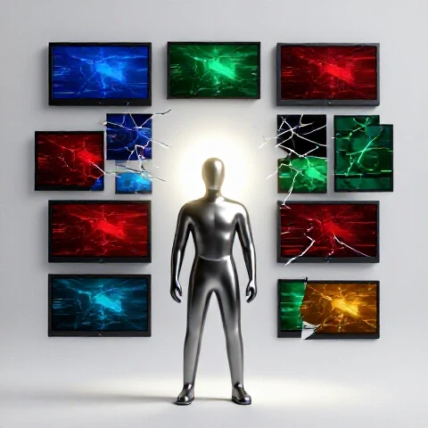 A metallic statue stands before a glowing wall of glitchy, colorful video thumbnails, spotlighting a breakthrough.