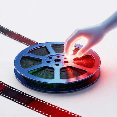 A broken film reel and video timeline being skillfully repaired by a glowing hand on a bright white background.