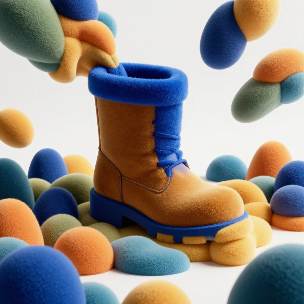 A vibrant cosplay boot emerging from colorful foam shapes, showcasing unique textures and colors.