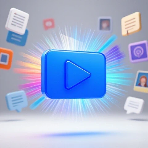 A bold video play icon emits vibrant energy amid blurred, chaotic content format symbols on a bright studio background.
