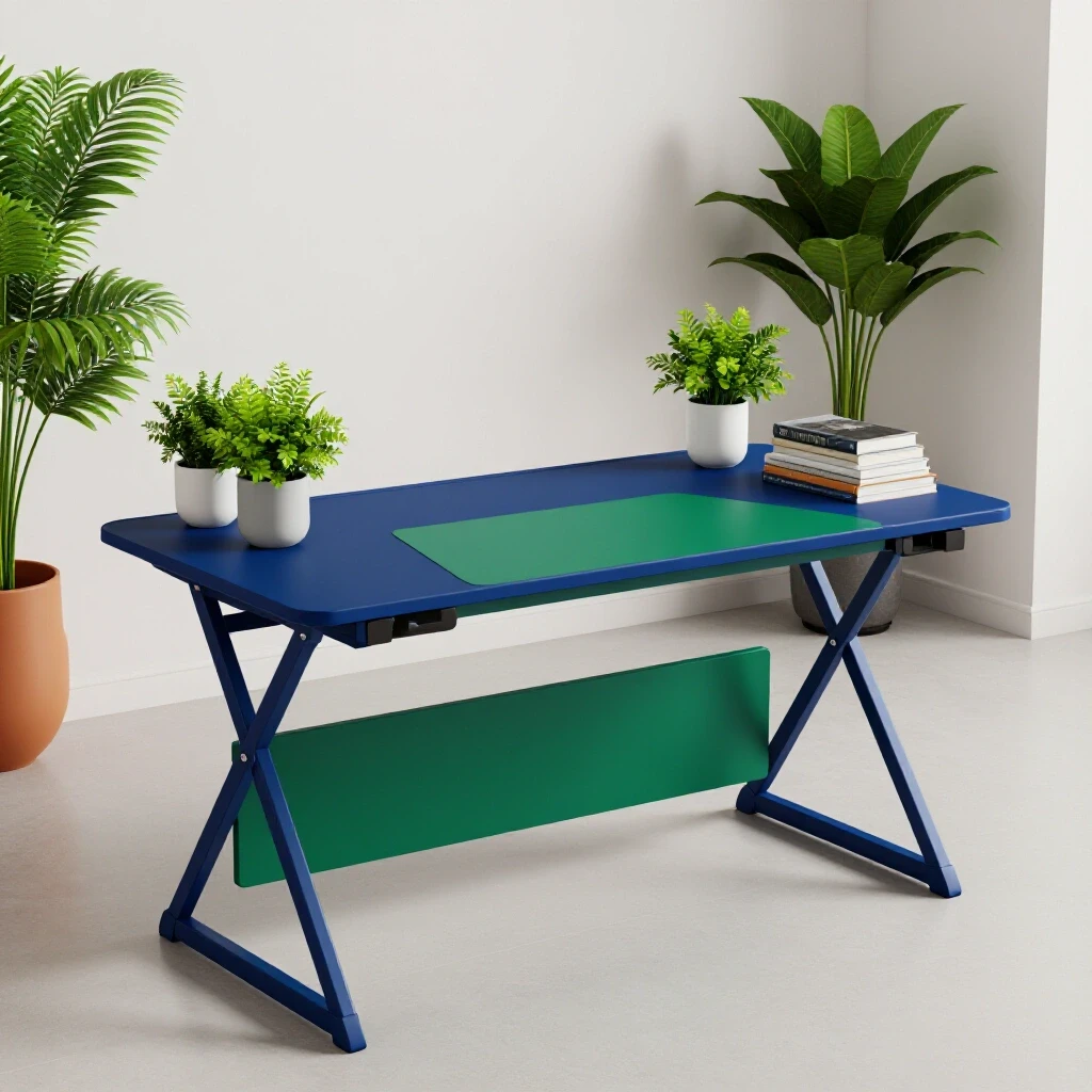 A sleek, modern foldable desk in a bright home office, surrounded by colorful plants and books, highlighting versatility.