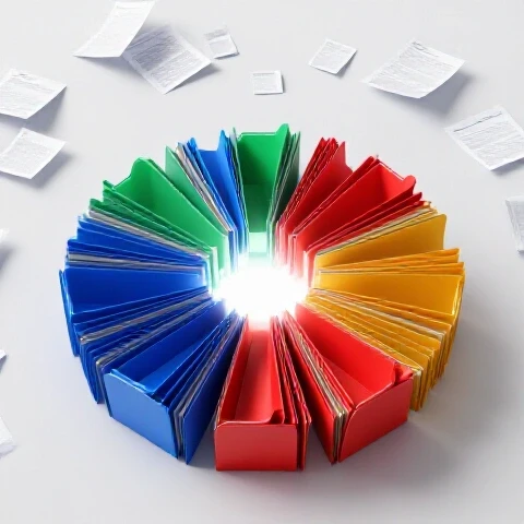 Central glowing hub with neatly stacked, color-coded folders radiating outward, surrounded by scattered files.