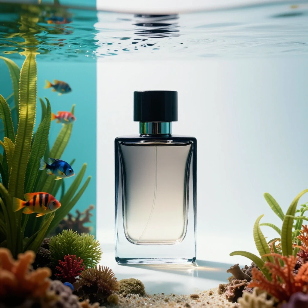 A vivid split image showcasing an underwater scene with bright aquatic plants and colorful fish on one side, and a sleek fragrance bottle on the other, encased in light.