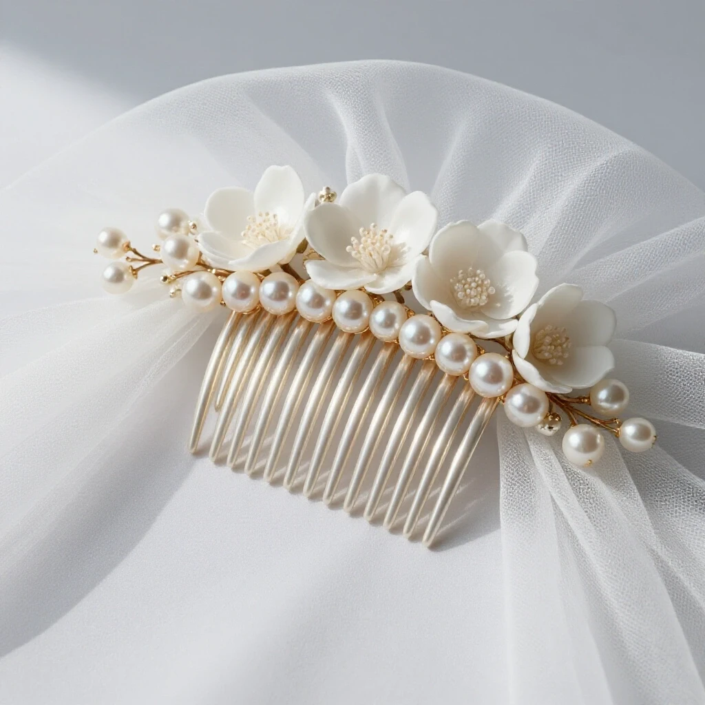 Elegant freshwater pearl hair comb on a soft bridal veil with white flowers, evoking romance and beauty.