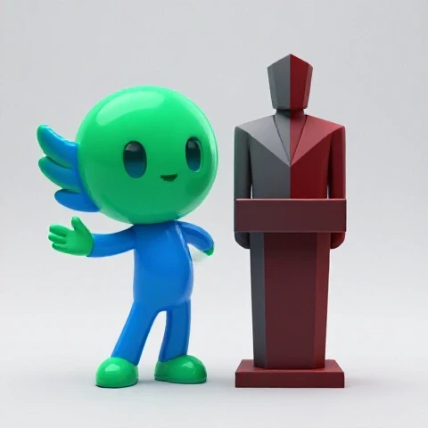 Split scene featuring a vibrant, open chat icon and a formal, composed podium symbolizing friendly versus formal YouTube engagement styles.