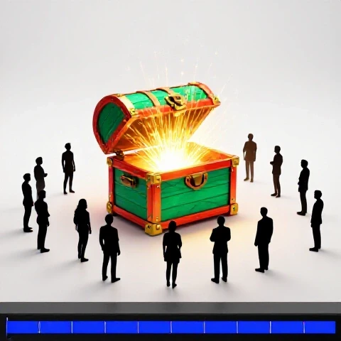 Treasure chest bursts open with glowing light at start of a video timeline, silhouetted viewers drawn in, vibrant colors on bright background.