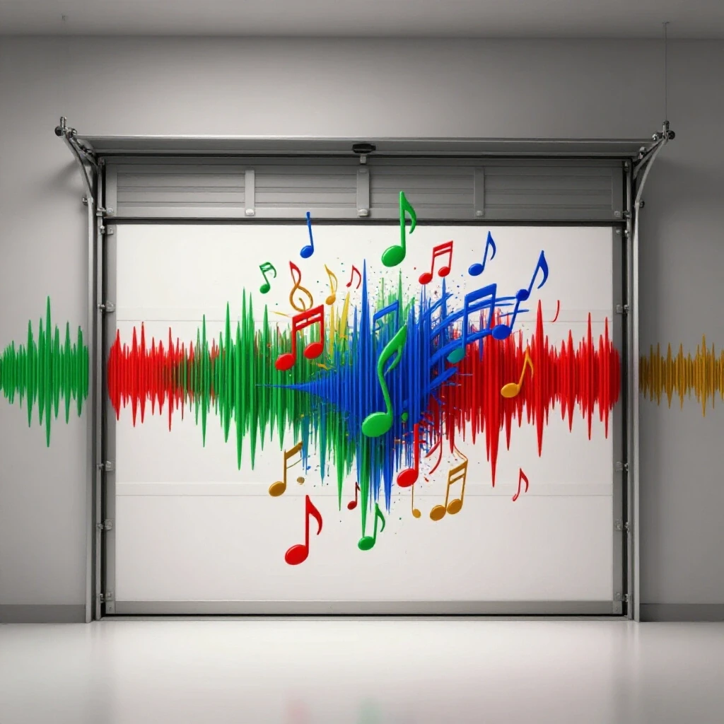 A vibrant open garage door with colorful music notes and sound waves spilling out against a white studio background.