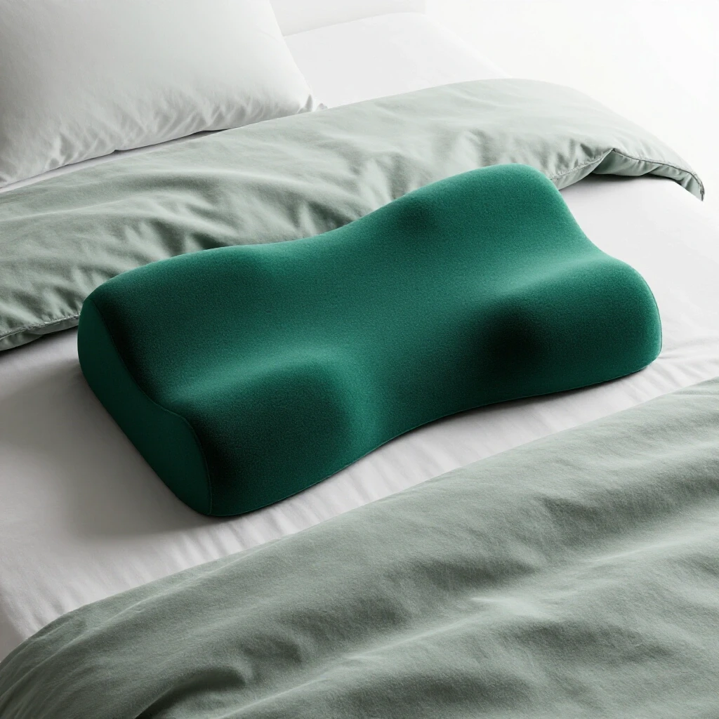 A cozy bedroom scene featuring a plush memory foam lumbar support pillow on an unmade bed, evoking comfort and relaxation.