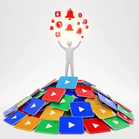 Abstract creator atop vibrant video thumbnails, reaching for glowing subscriber icons in bright studio setting