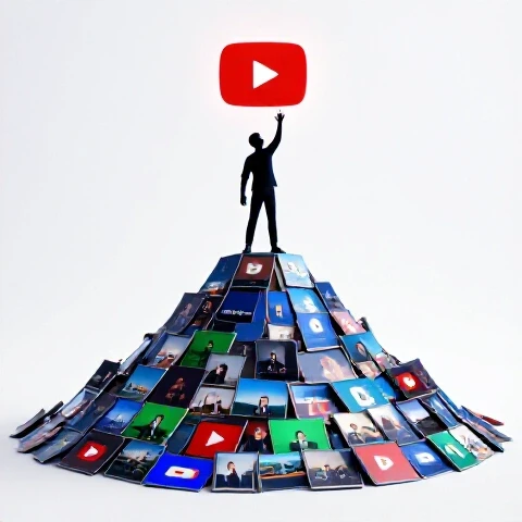 Abstract creator stands atop a pile of bright classic YouTube thumbnails reaching for a glowing red play button above
