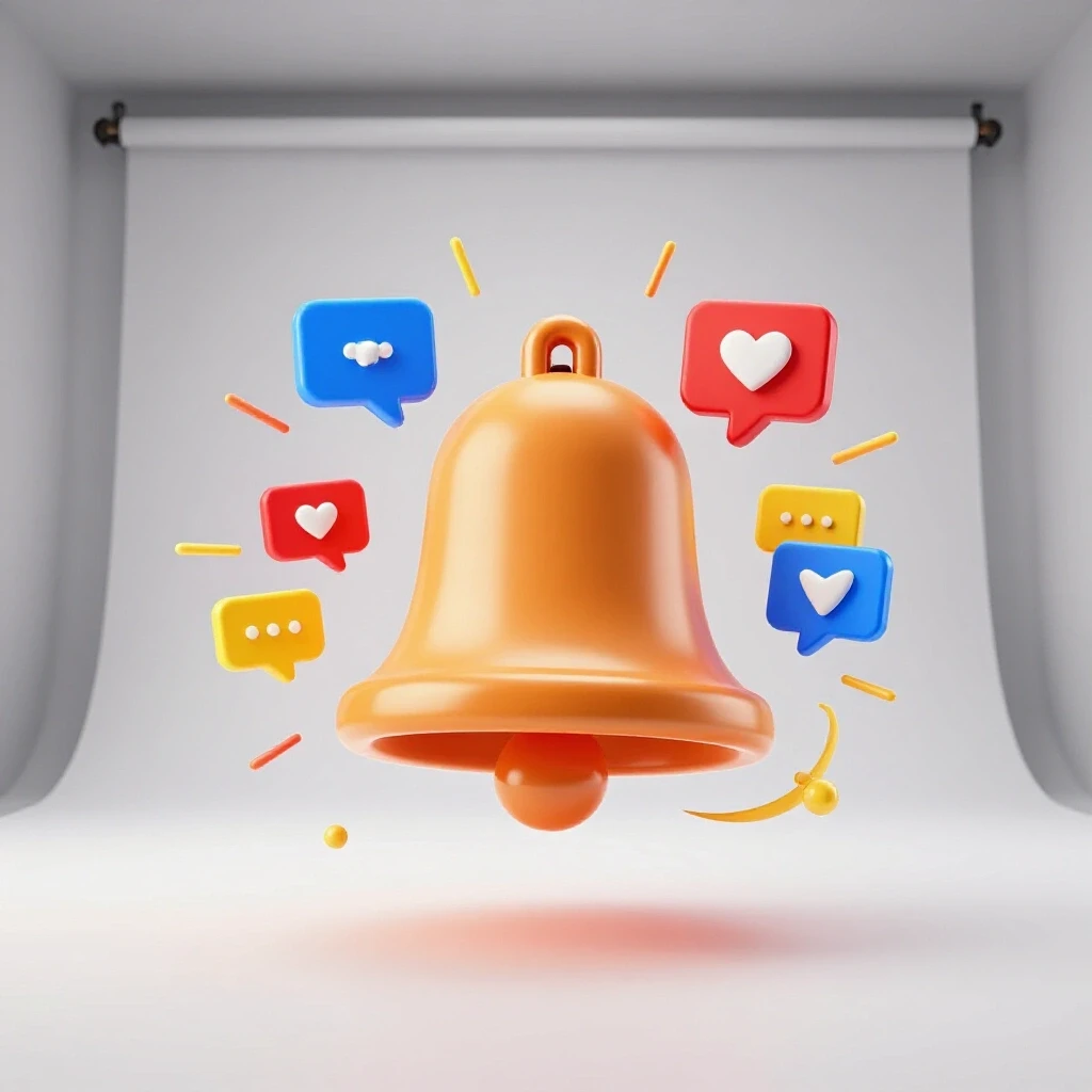 A vibrant bell icon surrounded by colorful glowing notifications, set against a bright white background.