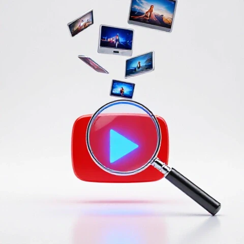 Magnifying glass focusing on a glowing YouTube play button with ascending video thumbnails in a luminous studio setting.