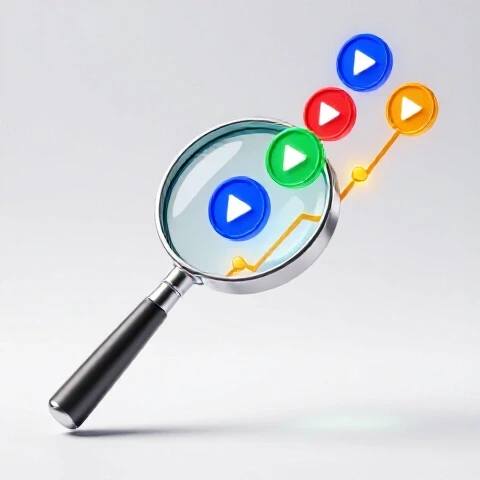 Magnifying glass reveals glowing play buttons rising from an upward-trending graph on a bright background.