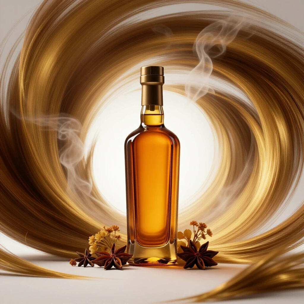 Luxurious amber fragrance bottle centered against a swirling warm backdrop with floral accents.