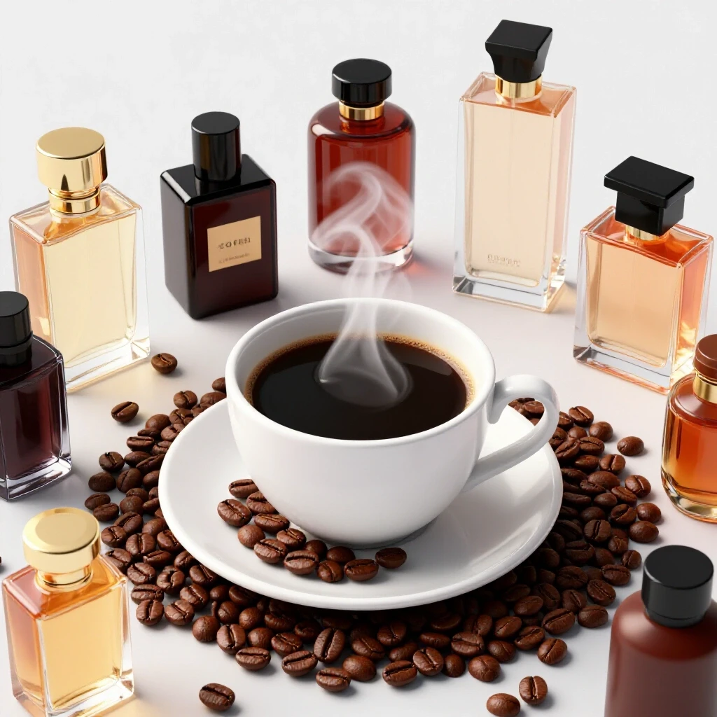 A steaming coffee cup surrounded by vibrant coffee beans and elegant perfume bottles, evoking a cozy fragrance atmosphere.