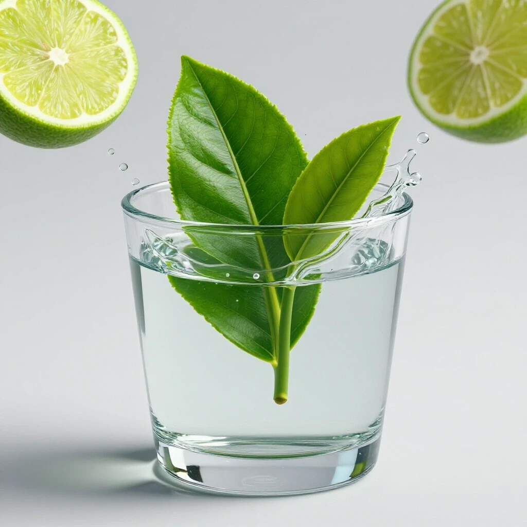 A green tea leaf splashing into a glass of bergamot-infused water with aromatic wisps rising.