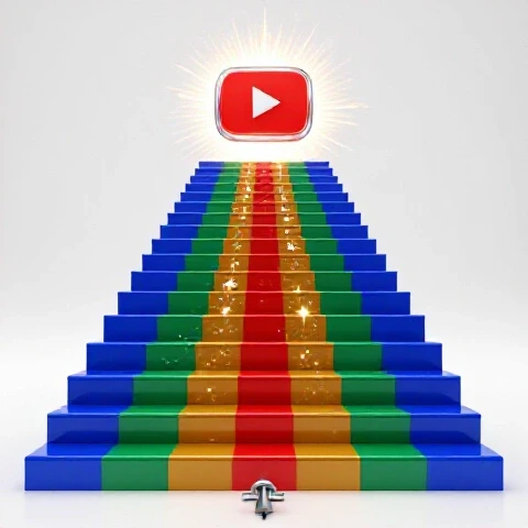 Vibrant staircase of video thumbnails rising from a small channel icon to a bright YouTube logo, surrounded by dynamic arrows and bursts of light on a bright background.