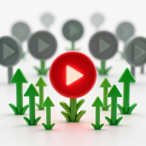 A glowing red play button with green arrows and plants stands out among faded play buttons on a bright white background.