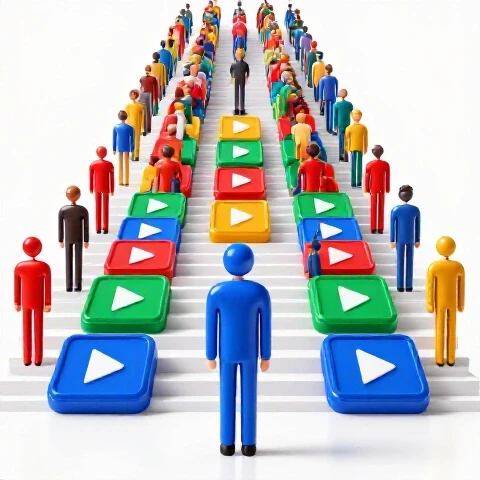 Vibrant scene showing a figure at the base of play button stairs, with a growing crowd ascending behind them.