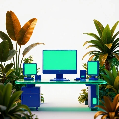 A vibrant workspace with glowing screens and lush green plants, set against a bright white studio background.