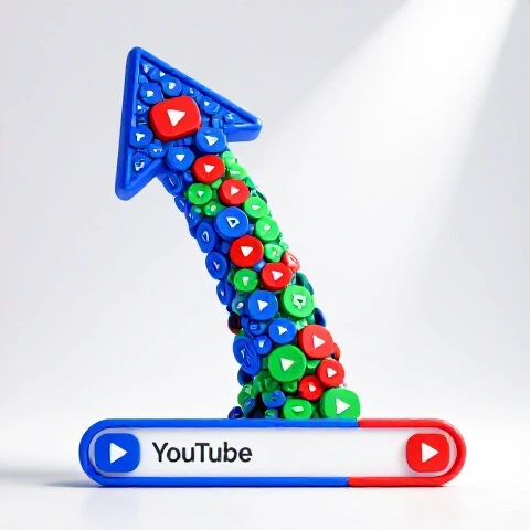 Vivid arrow made of video play buttons rising from a crowded search bar under a bright studio spotlight on a white background.