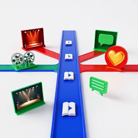A glossy branching path with vivid colored scenes symbolizing diverse YouTube video content, set on a bright white background.