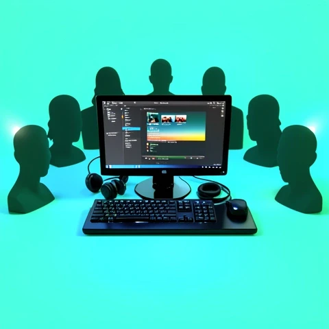 3D-rendered video workstation in bright lighting, surrounded by shadowy faceless audience silhouettes on a teal background.