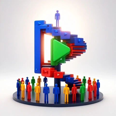 Upward-spiraling staircase made of colorful video play buttons leading from a crowded platform to a glowing, elevated one, symbolizing channel growth.