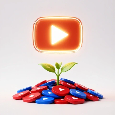A vibrant green plant sprouts from colorful YouTube play buttons, reaching toward a glowing YouTube logo finish line.