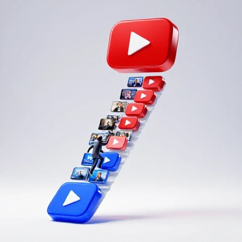 Abstract figure climbs a staircase of vibrant play buttons and video thumbnails toward a glowing destination.