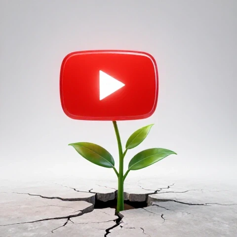 A small green plant emerges through cracked concrete, reaching for a glowing red play button symbolizing growth.