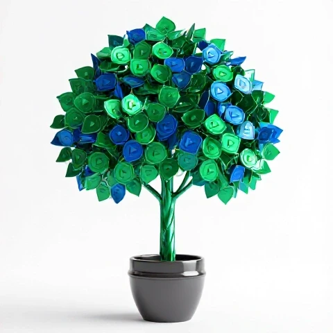 A glossy plant pot transforms into a vibrant money tree with video play icon leaves on a bright studio background.