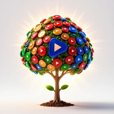 A small sapling transforms into a vibrant, towering tree made of colorful video play buttons, symbolizing YouTube channel growth on a bright white background.