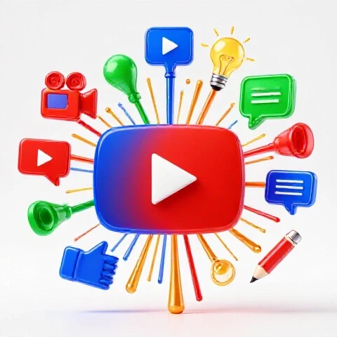 A vibrant YouTube play button rising upward, surrounded by glowing creative icons on a bright white background.