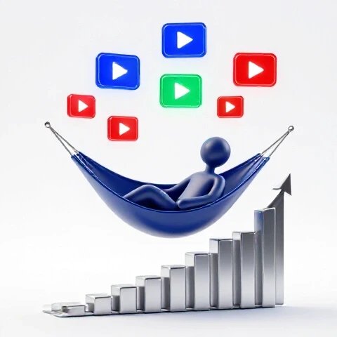 Abstract creator on a hammock above a rising graph, juggling glowing video icons in vivid colors on a bright background.