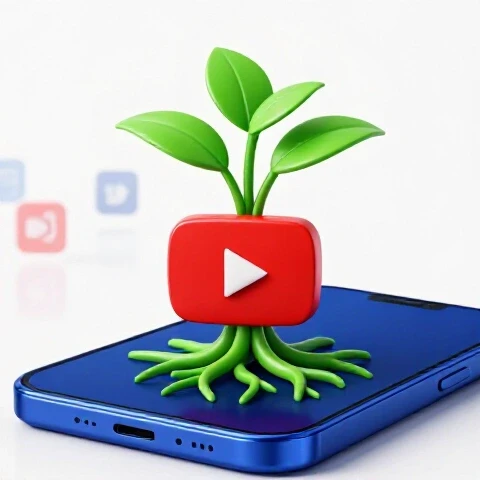 YouTube play button sprouting green roots and leaves from a smartphone as faded social icons recede