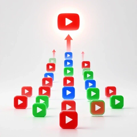 Vibrant 3D path of glowing play icons and arrows ascending to a radiant YouTube logo on a bright background.
