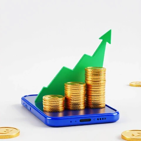 A smartphone displays an upward graph of golden coin stacks increasing in height, spotlighted for emphasis.