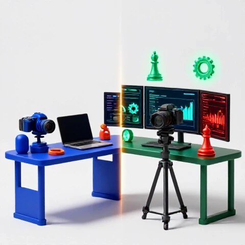 Split scene: cozy creator workspace with basic gear transitions to advanced strategist desk with tech, vibrant colors, and bright background.