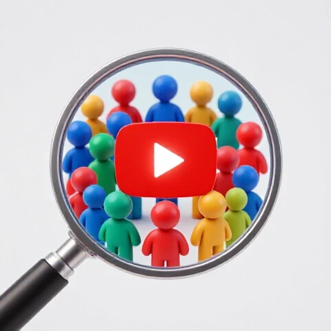 Magnifying glass focuses on diverse colorful avatars around a glowing YouTube play button with a clean bright background.