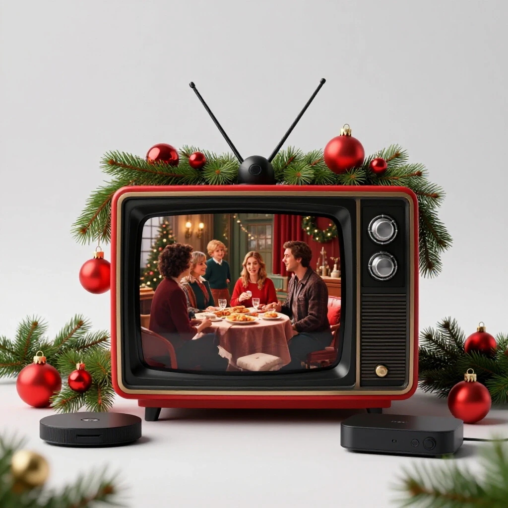 A vintage television showing a Hallmark movie scene surrounded by festive holiday decorations and a modern streaming device.