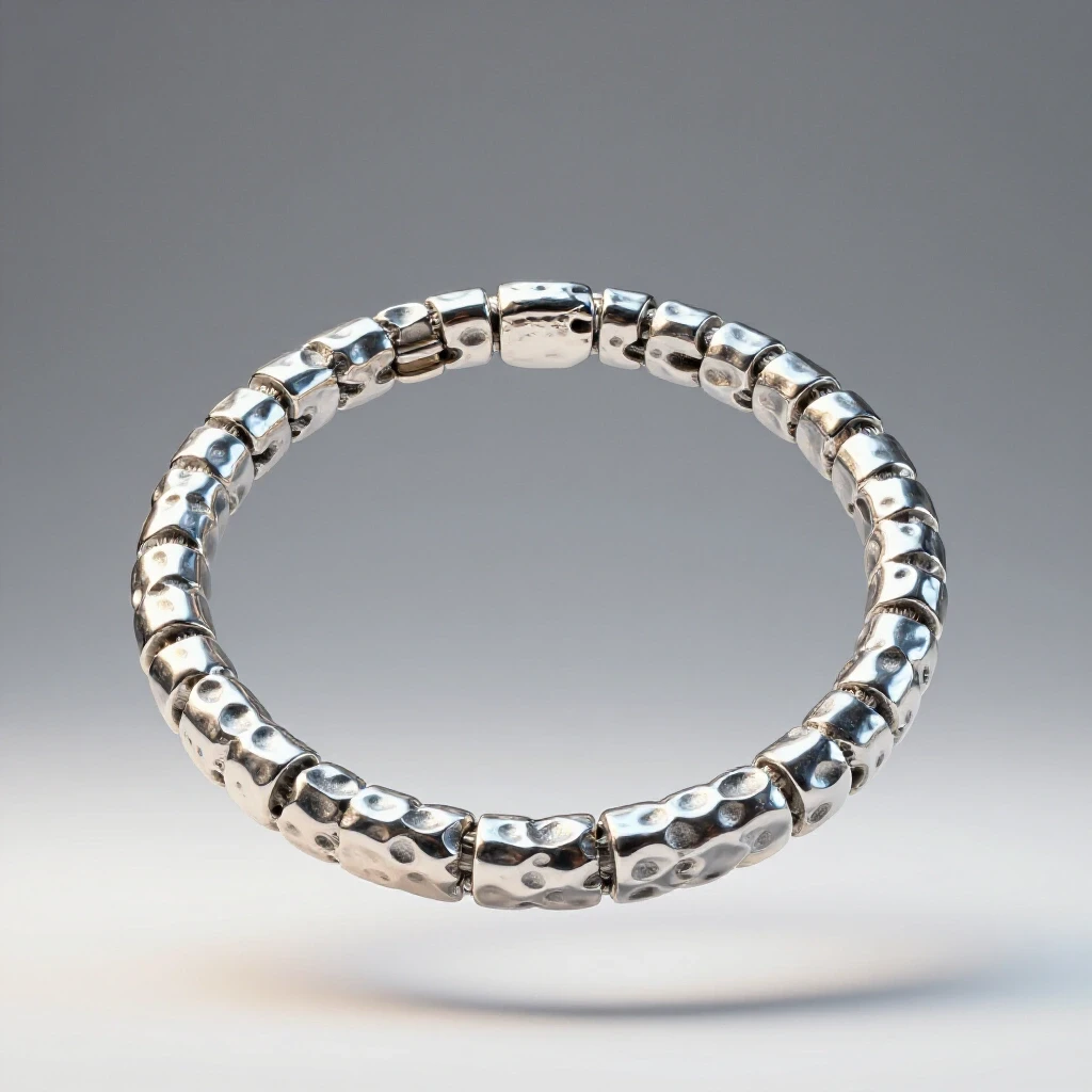 Close-up of a decorative hammered finish charm bracelet with glossy textures suspended in bright light.